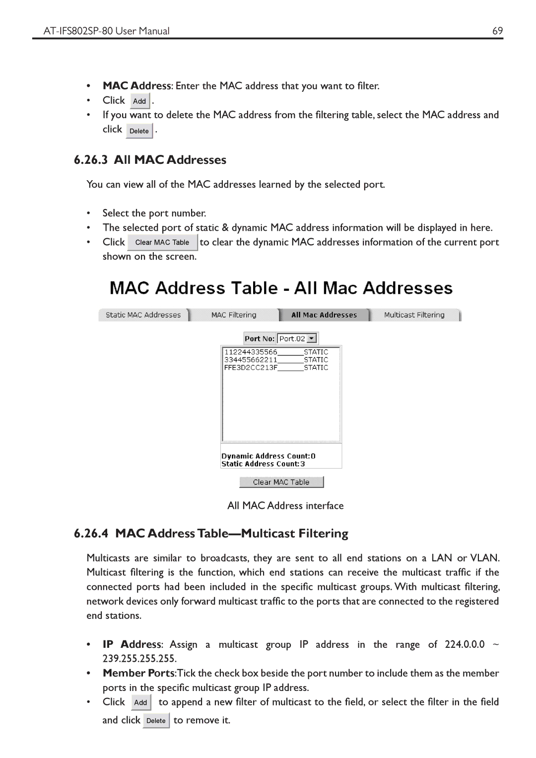 Allied Telesis AT-IFS802SP manual All MAC Addresses, MAC Address Table-Multicast Filtering 