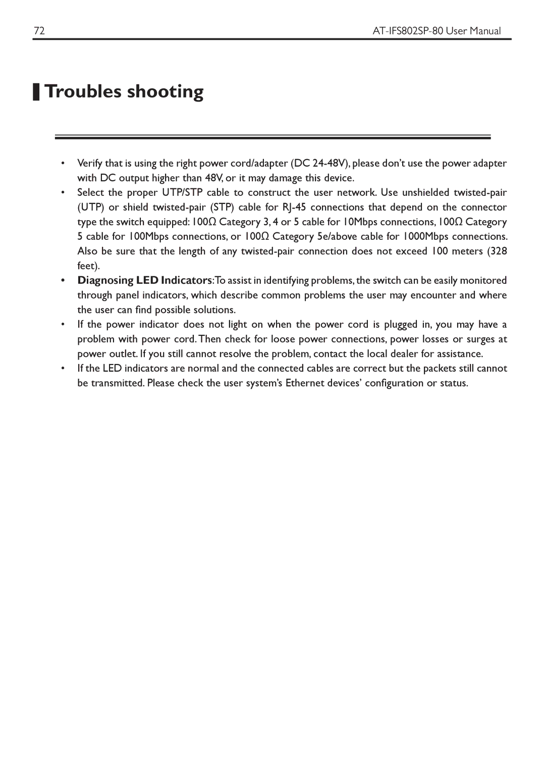 Allied Telesis AT-IFS802SP manual Troubles shooting 