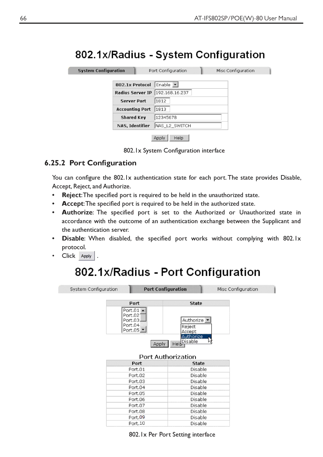 Allied Telesis AT-IFS802SPOE manual 802.1x System Configuration interface 