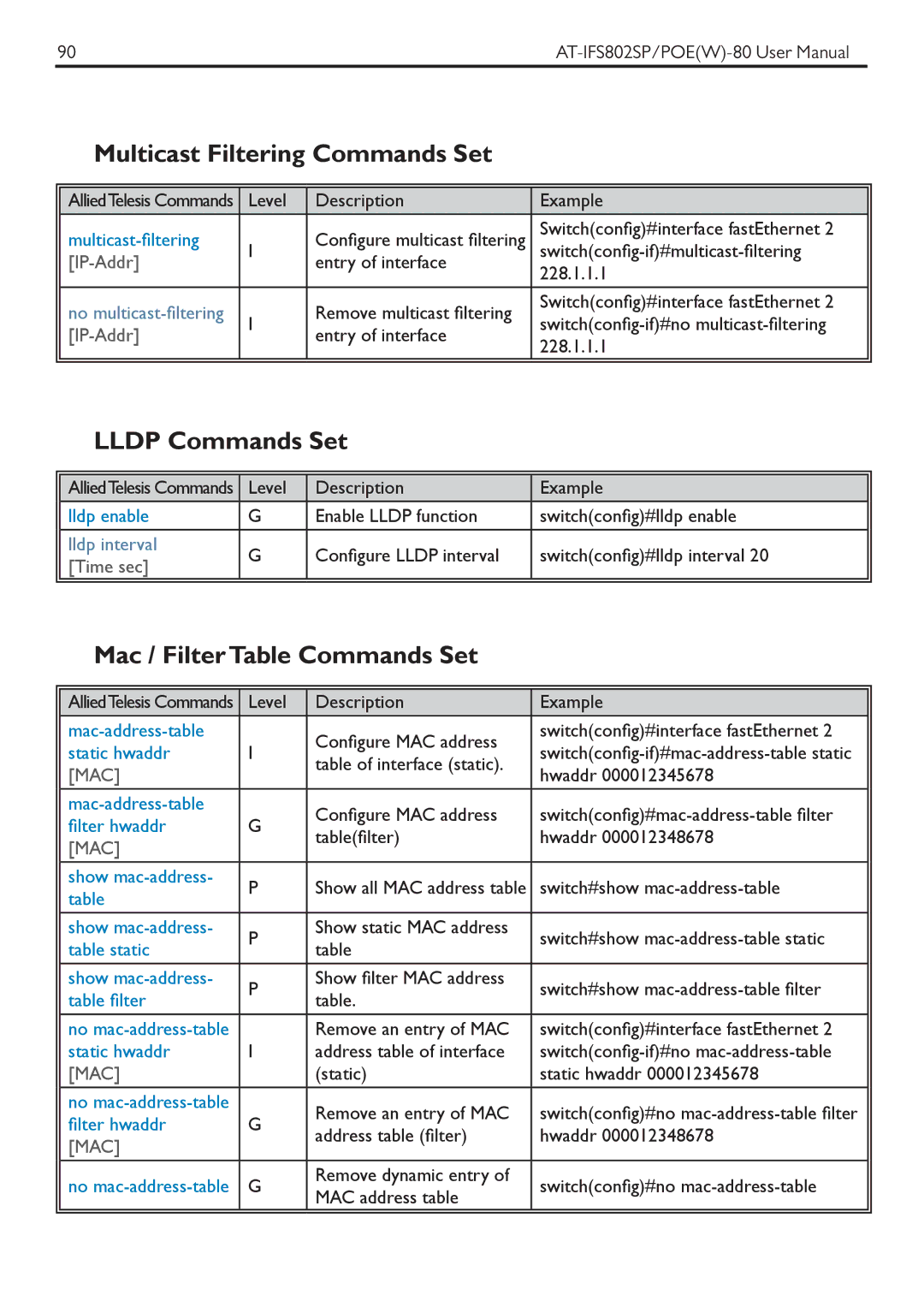 Allied Telesis AT-IFS802SPOE Multicast Filtering Commands Set, Lldp Commands Set, Mac / Filter Table Commands Set, IP-Addr 