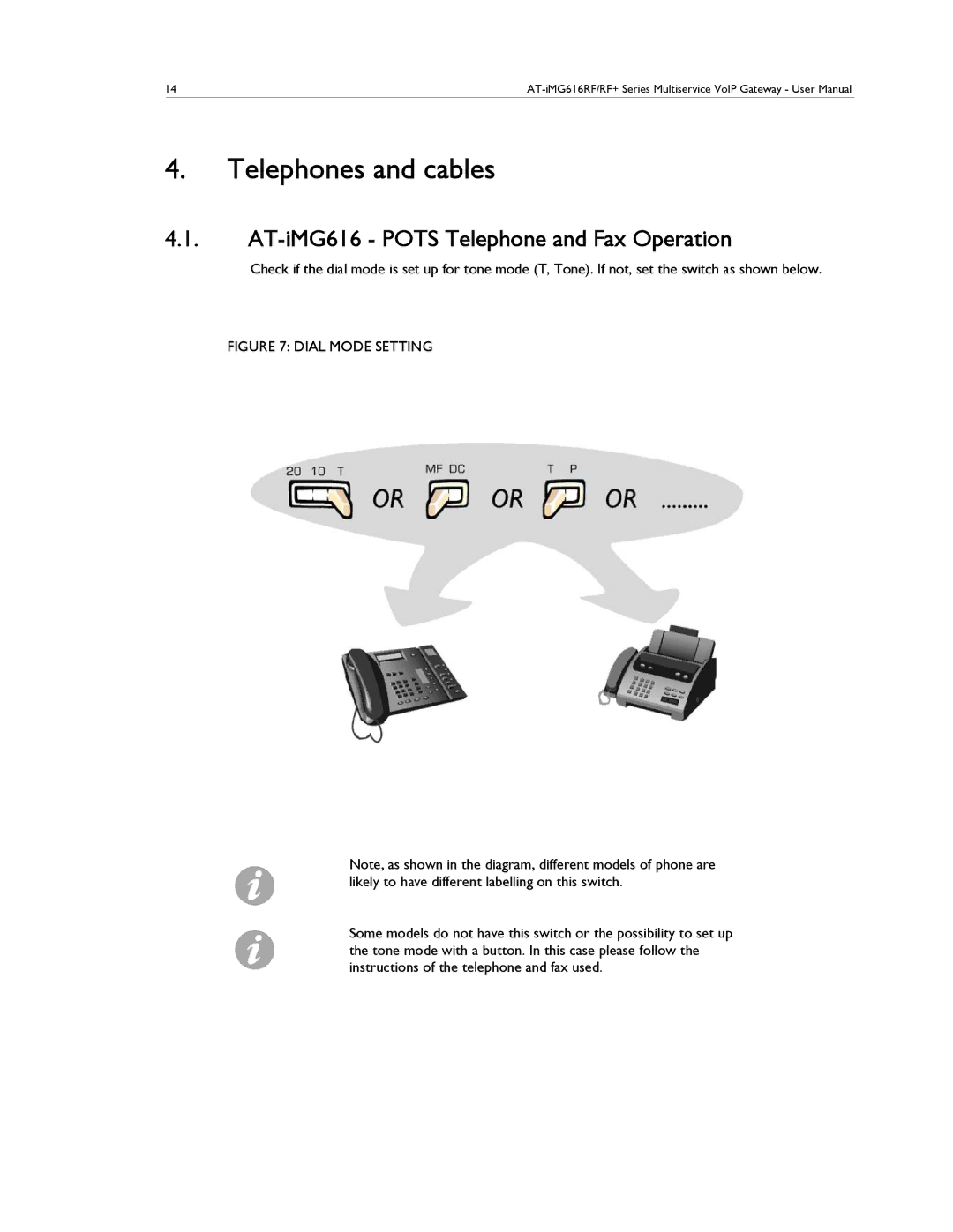 Allied Telesis AT-IMG616RF/RF+ manual Telephones and cables, AT-iMG616 Pots Telephone and Fax Operation 