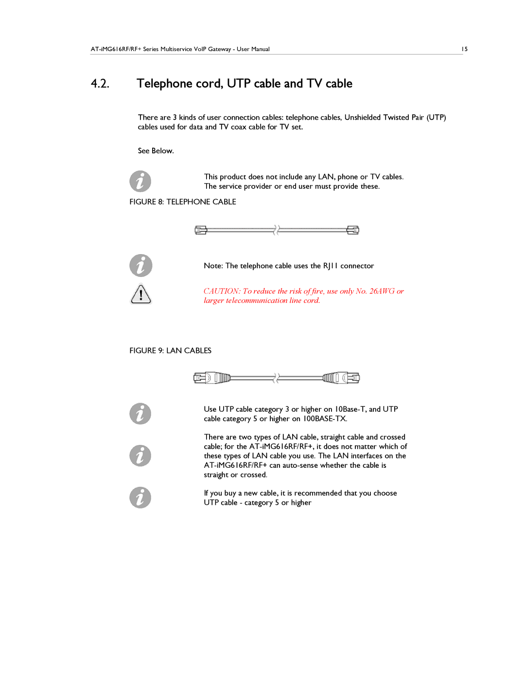 Allied Telesis AT-IMG616RF/RF+ manual Telephone cord, UTP cable and TV cable, Telephone Cable 