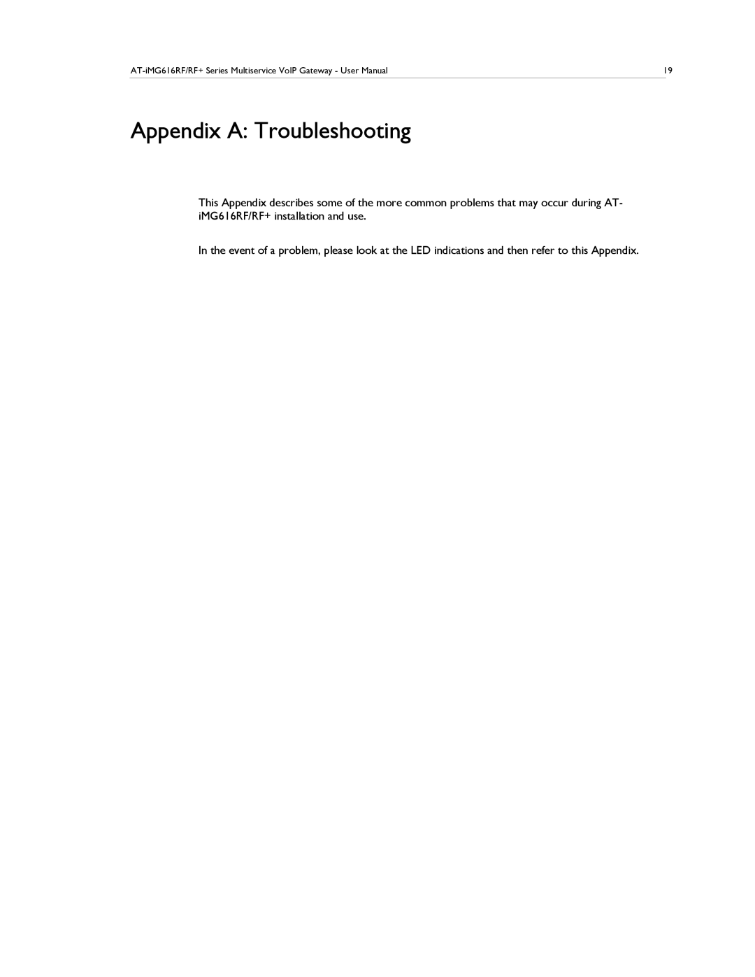 Allied Telesis AT-IMG616RF/RF+ manual Appendix a Troubleshooting 