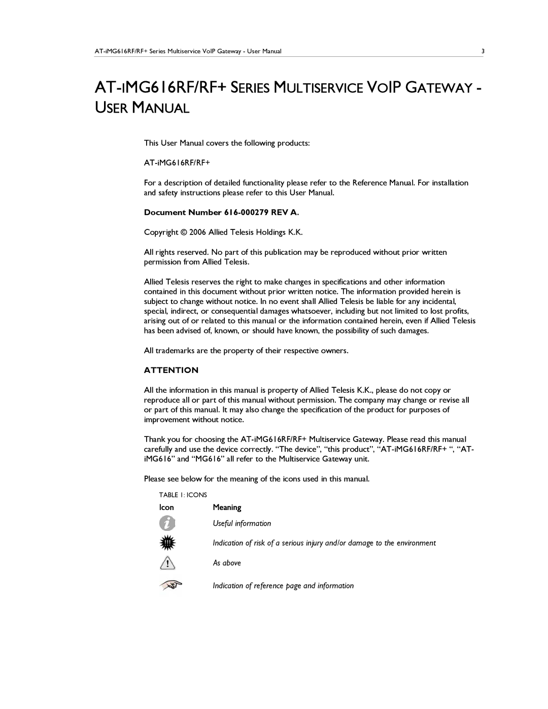 Allied Telesis AT-IMG616RF/RF+ manual Document Number 616-000279 REV a, Icon Meaning 