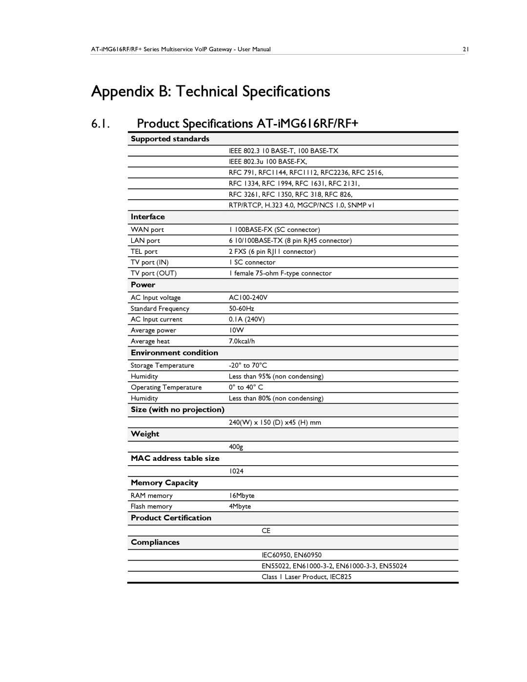 Allied Telesis AT-IMG616RF/RF+ manual Appendix B Technical Specifications, Product Specifications AT-iMG616RF/RF+ 