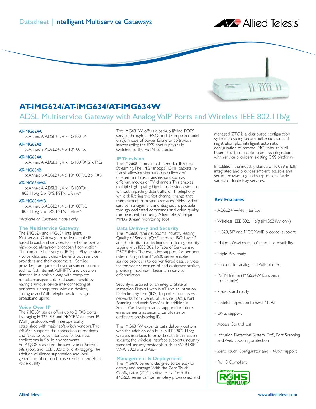 Allied Telesis AT-iMG634W, AT-iMG624 manual Multiservice Gateway, Voice Over IP, IP Television, Data Delivery and Security 