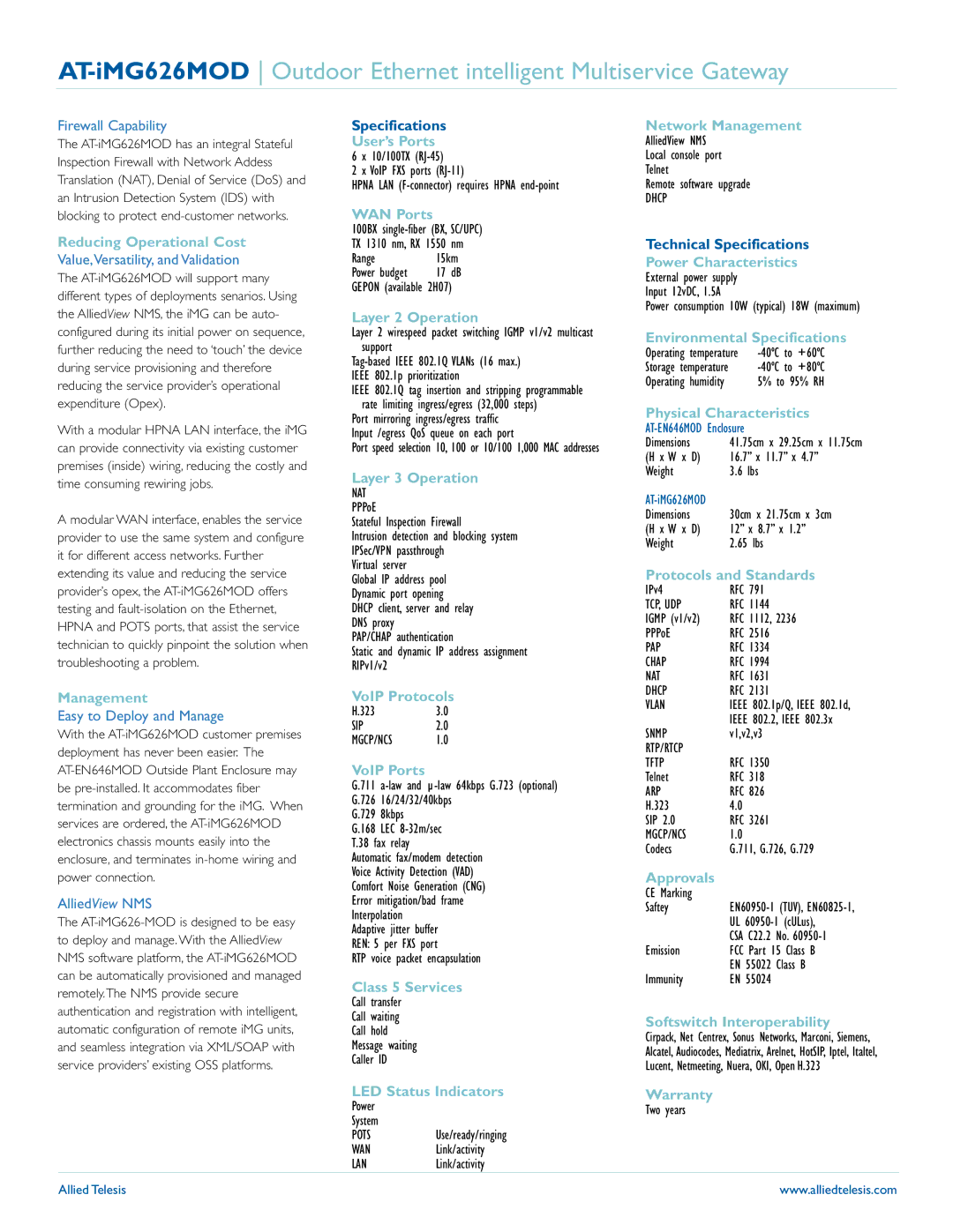 Allied Telesis AT-iMG626MOD Reducing Operational Cost, Management, User’s Ports, WAN Ports, Layer 2 Operation, VoIP Ports 