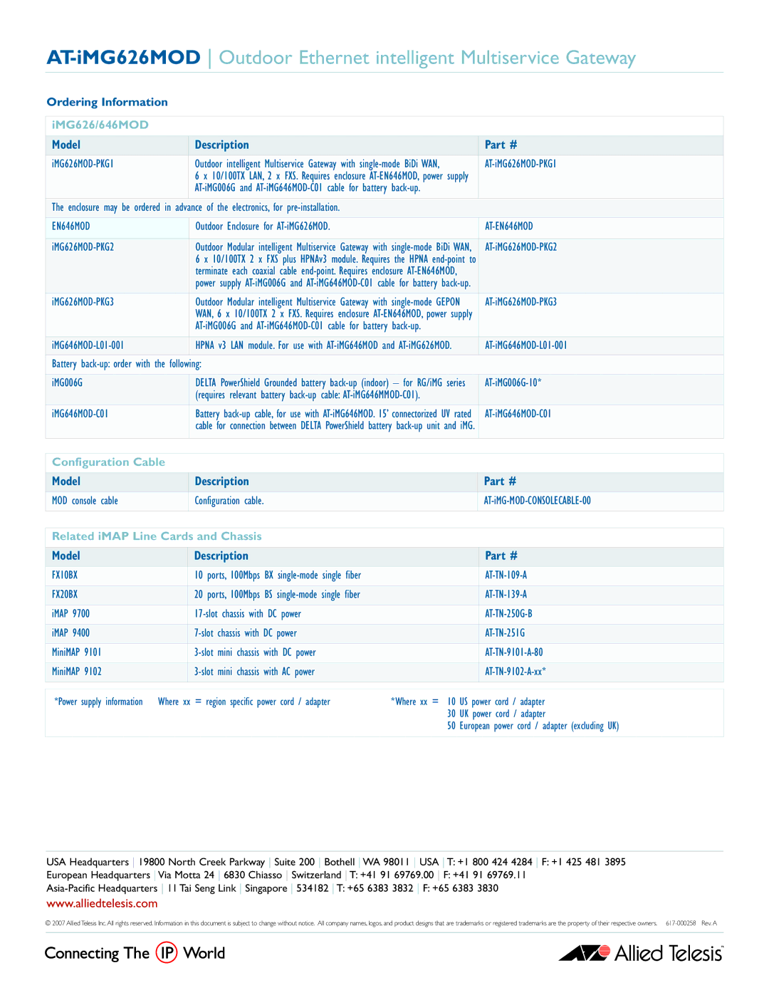 Allied Telesis AT-iMG626MOD manual IMG626/646MOD, Configuration Cable, Related iMAP Line Cards and Chassis 