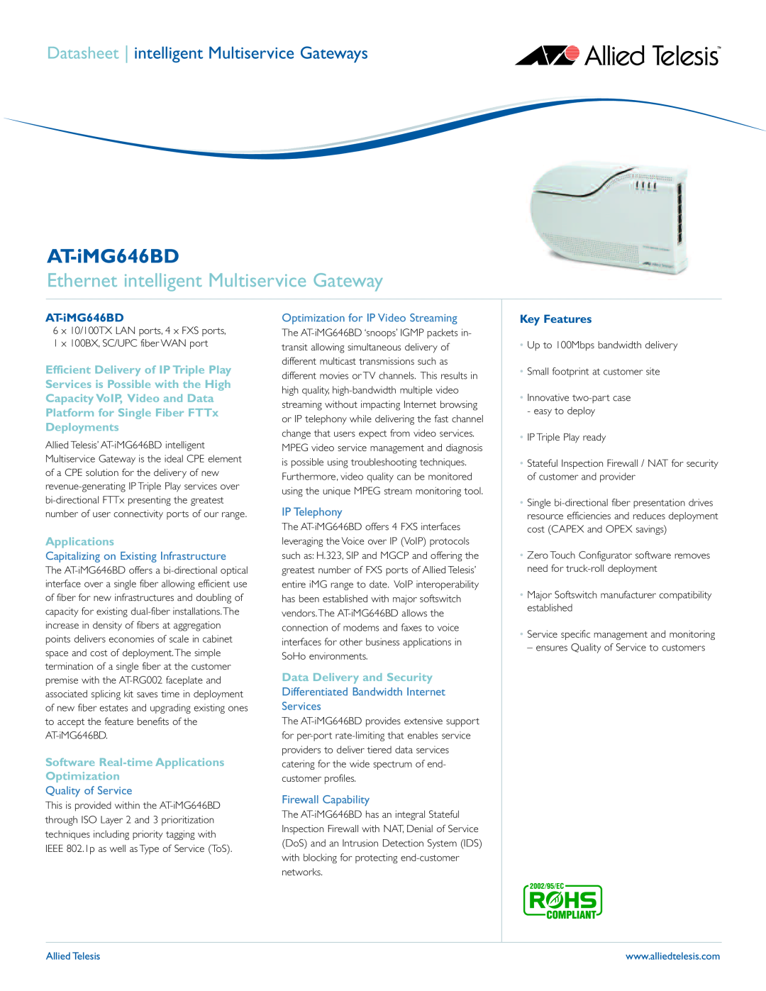 Allied Telesis AT-iMG646BD-ON manual Ethernet intelligent Multiservice Gateway, Capitalizing on Existing Infrastructure 