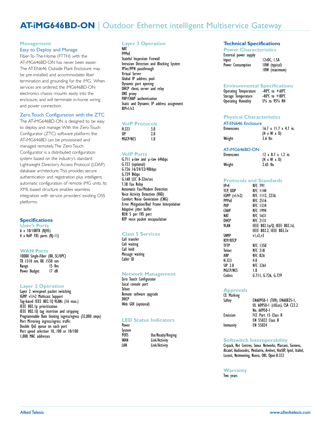 Allied Telesis AT-IMG646BD Management, User’s Ports, WAN Ports, Layer 3 Operation, VoIP Protocols, VoIP Ports, Approvals 