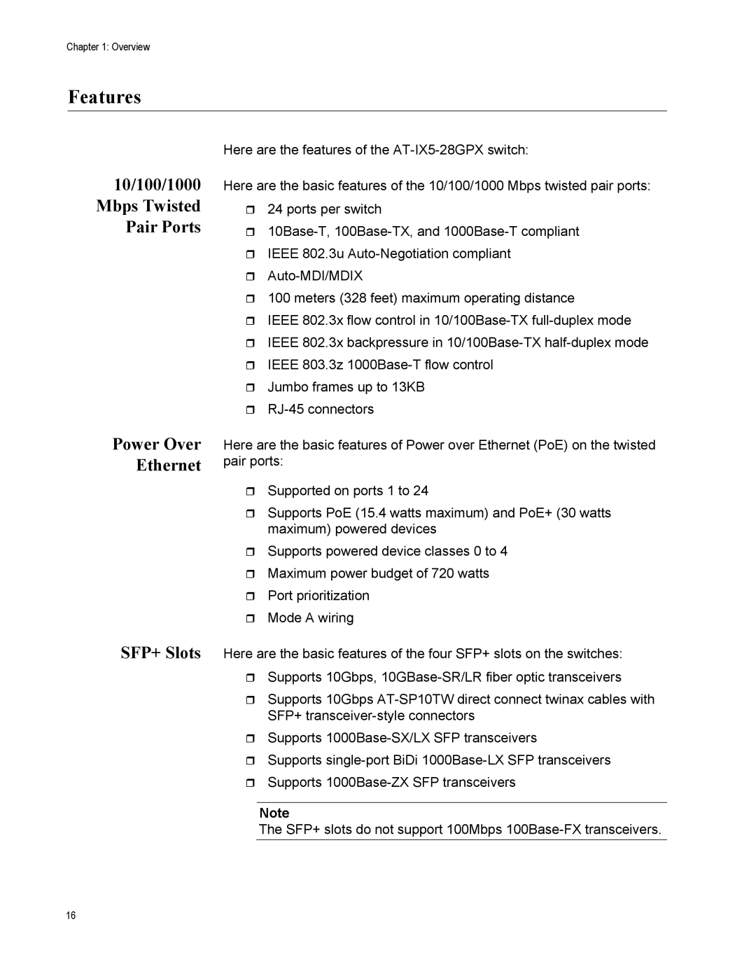 Allied Telesis AT-IX5-28GPX manual Features, 10/100/1000 Mbps Twisted Pair Ports 