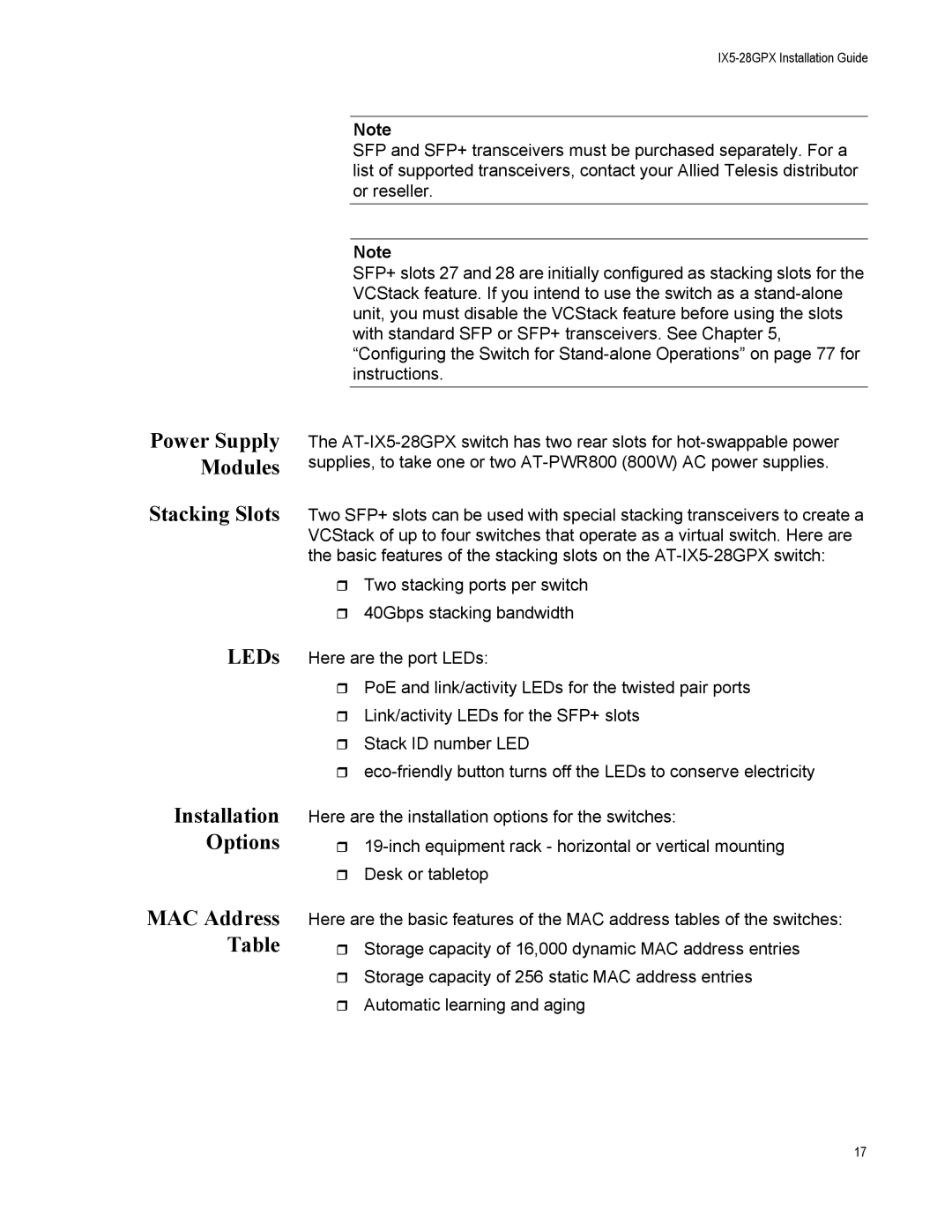 Allied Telesis AT-IX5-28GPX manual Stacking Slots LEDs Installation Options MAC Address Table 