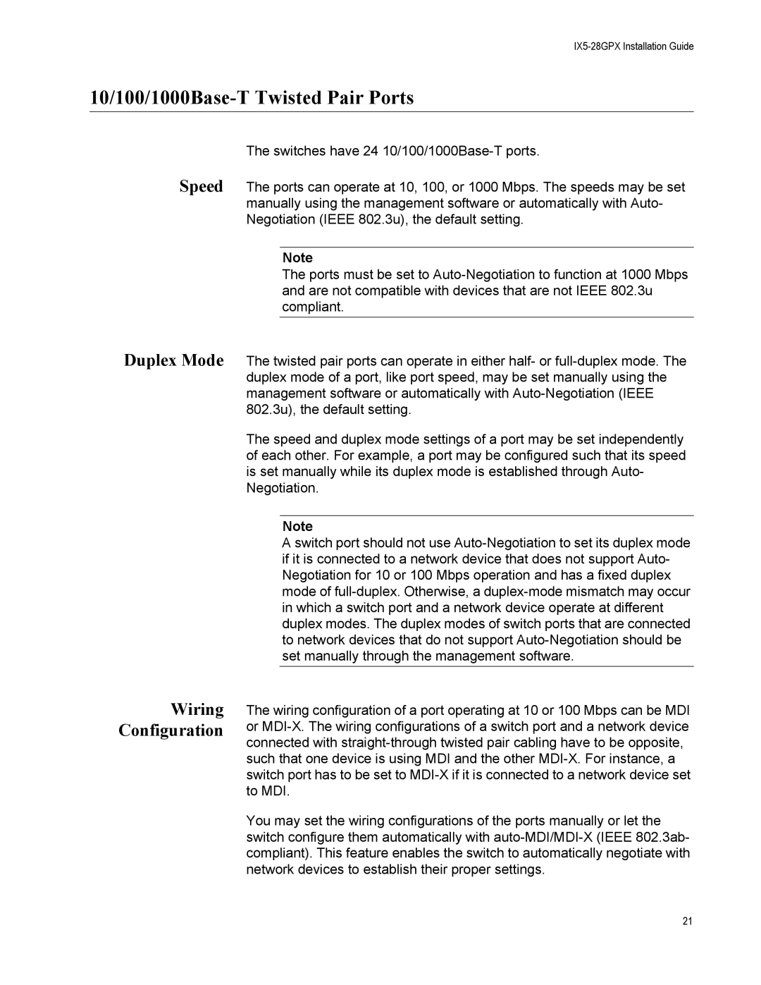 Allied Telesis AT-IX5-28GPX manual 10/100/1000Base-T Twisted Pair Ports, Speed Duplex Mode Wiring Configuration 