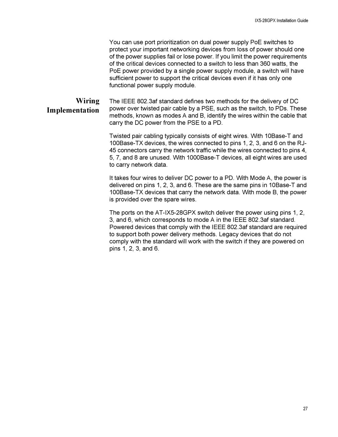 Allied Telesis AT-IX5-28GPX manual Wiring Implementation 