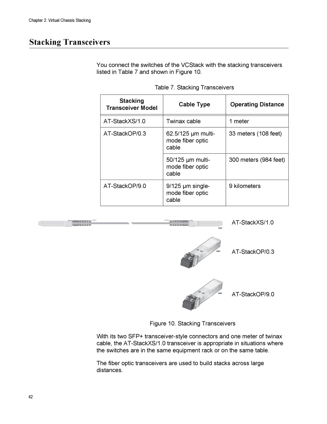 Allied Telesis AT-IX5-28GPX manual Stacking Transceivers, Stacking Cable Type Operating Distance 