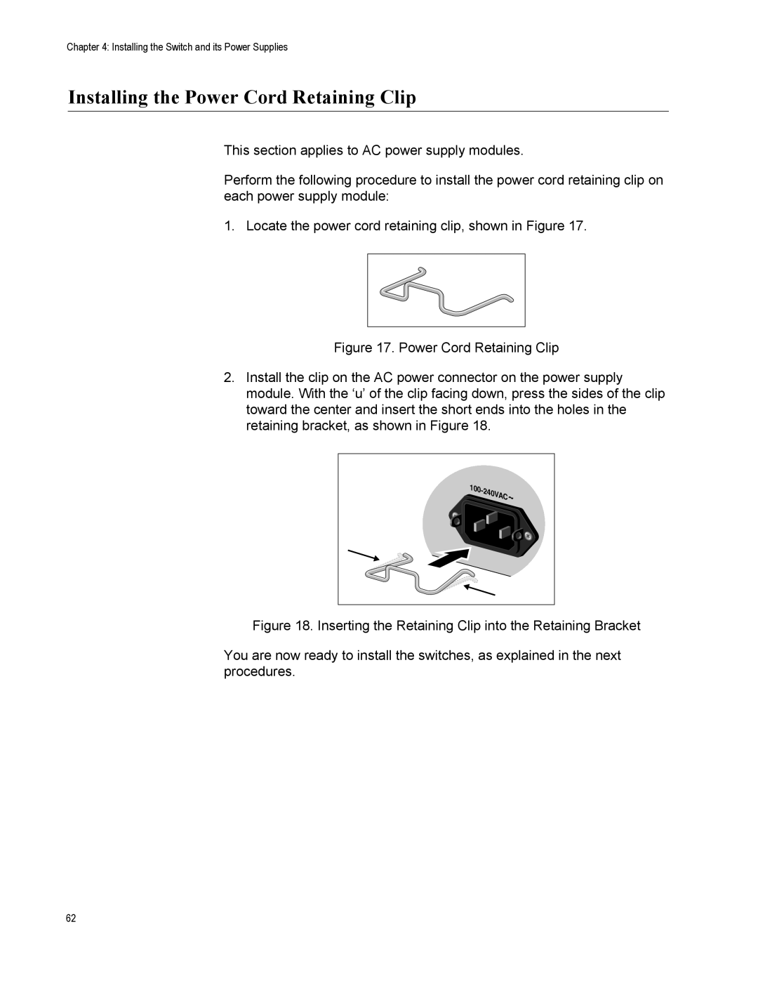 Allied Telesis AT-IX5-28GPX manual Installing the Power Cord Retaining Clip 