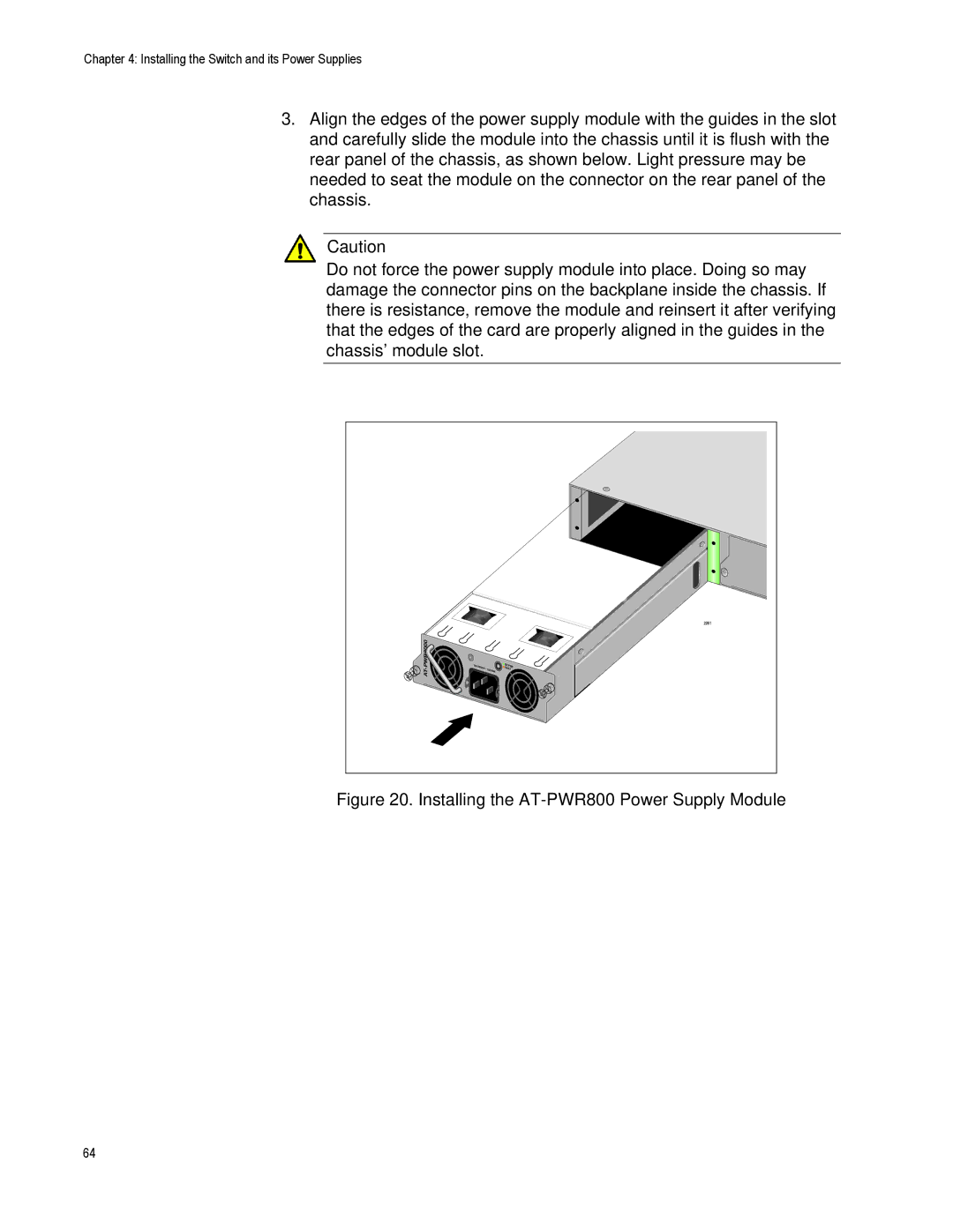 Allied Telesis AT-IX5-28GPX manual Installing the AT-PWR800 Power Supply Module 