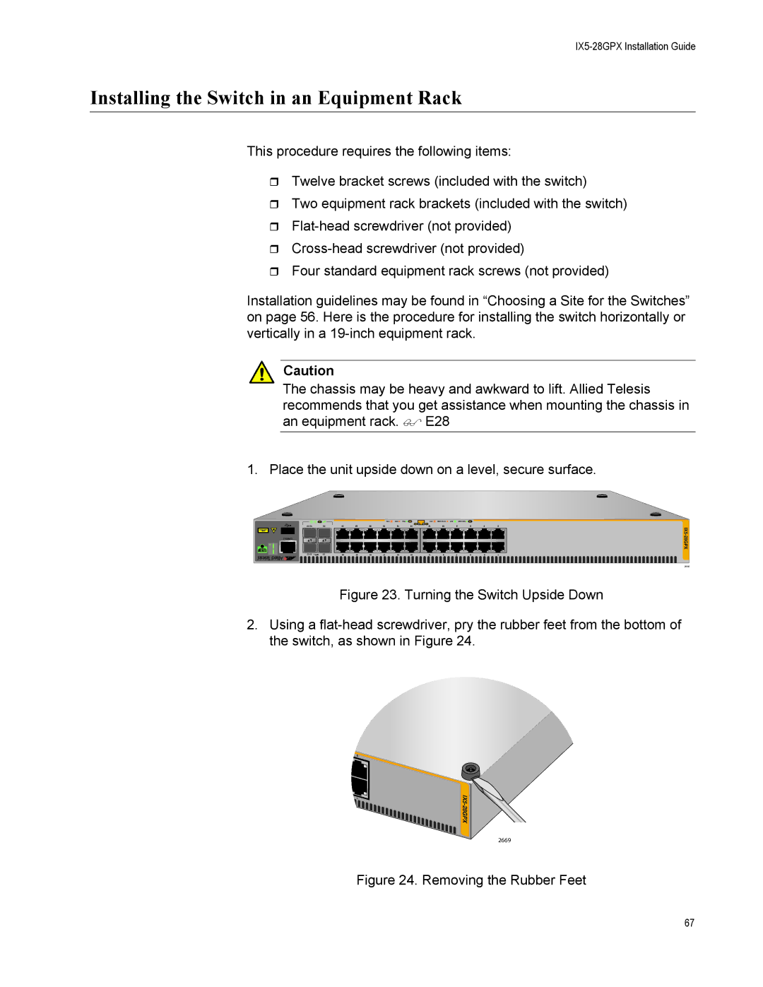 Allied Telesis AT-IX5-28GPX manual Installing the Switch in an Equipment Rack, Removing the Rubber Feet 