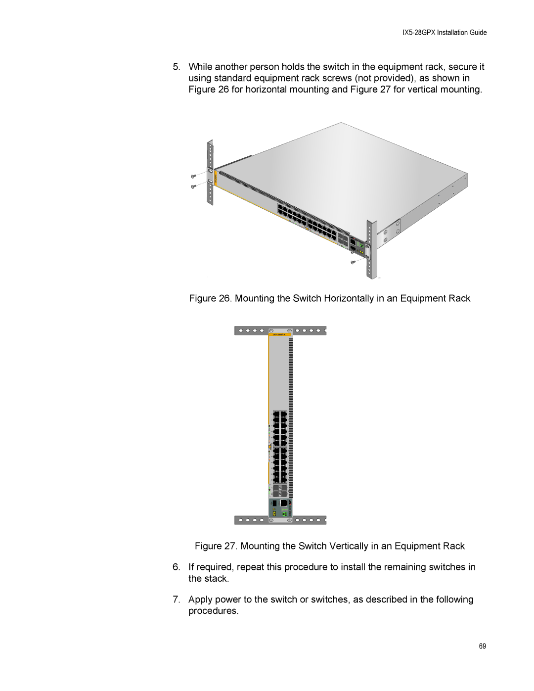 Allied Telesis AT-IX5-28GPX manual Mounting the Switch Horizontally in an Equipment Rack 