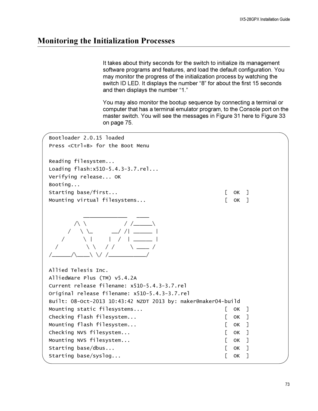 Allied Telesis AT-IX5-28GPX manual Monitoring the Initialization Processes 