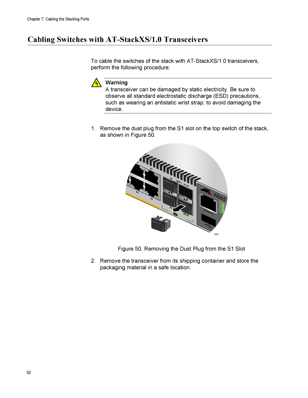 Allied Telesis AT-IX5-28GPX manual Cabling Switches with AT-StackXS/1.0 Transceivers 