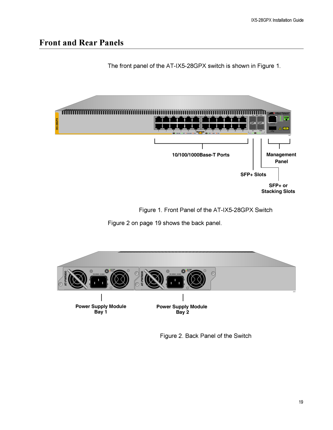 Allied Telesis AT-IX5-28GPX Front and Rear Panels, 10/100/1000Base-T Ports, SFP+ Slots, SFP+ or, Stacking Slots, S2/28 