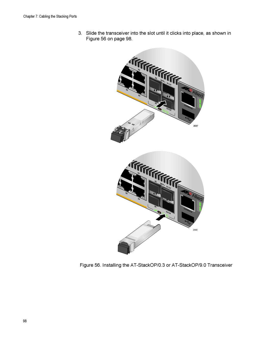 Allied Telesis AT-IX5-28GPX manual Cabling the Stacking Ports, Sfp+, 2687, 2688 