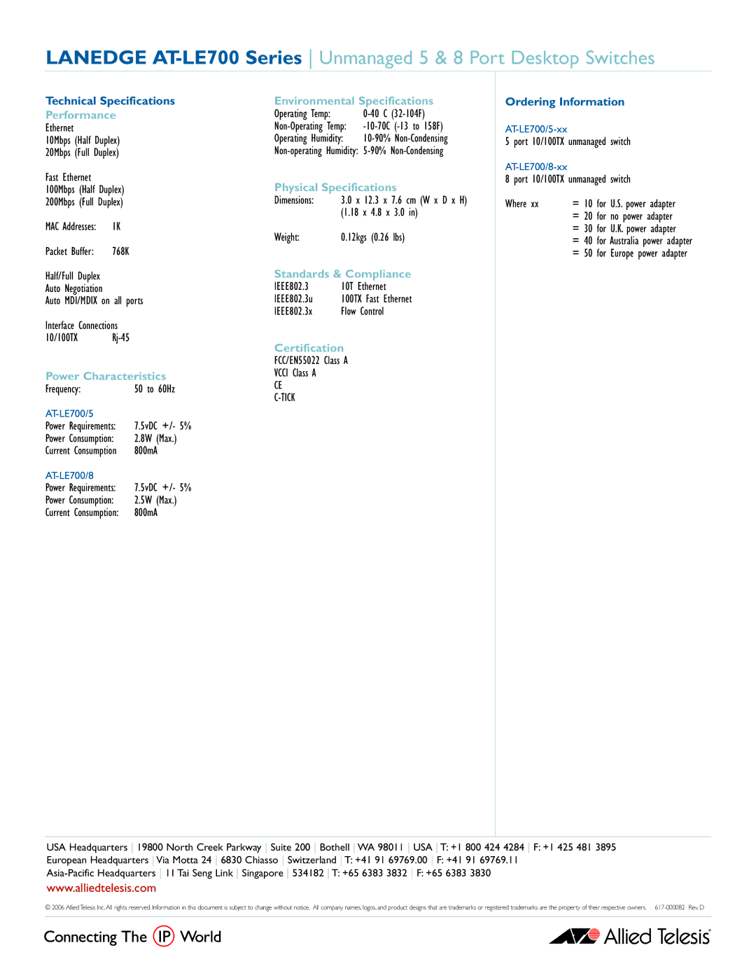 Allied Telesis AT-LE700 manual Performance, Power Characteristics, Environmental Specifications, Physical Specifications 