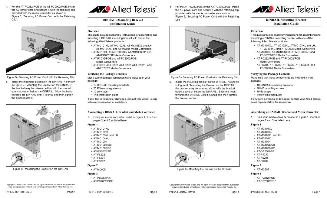 Allied Telesis AT-MC101XL manual Dinrail Mounting Bracket Installation Guide, Overview, Verifying the Package Contents 