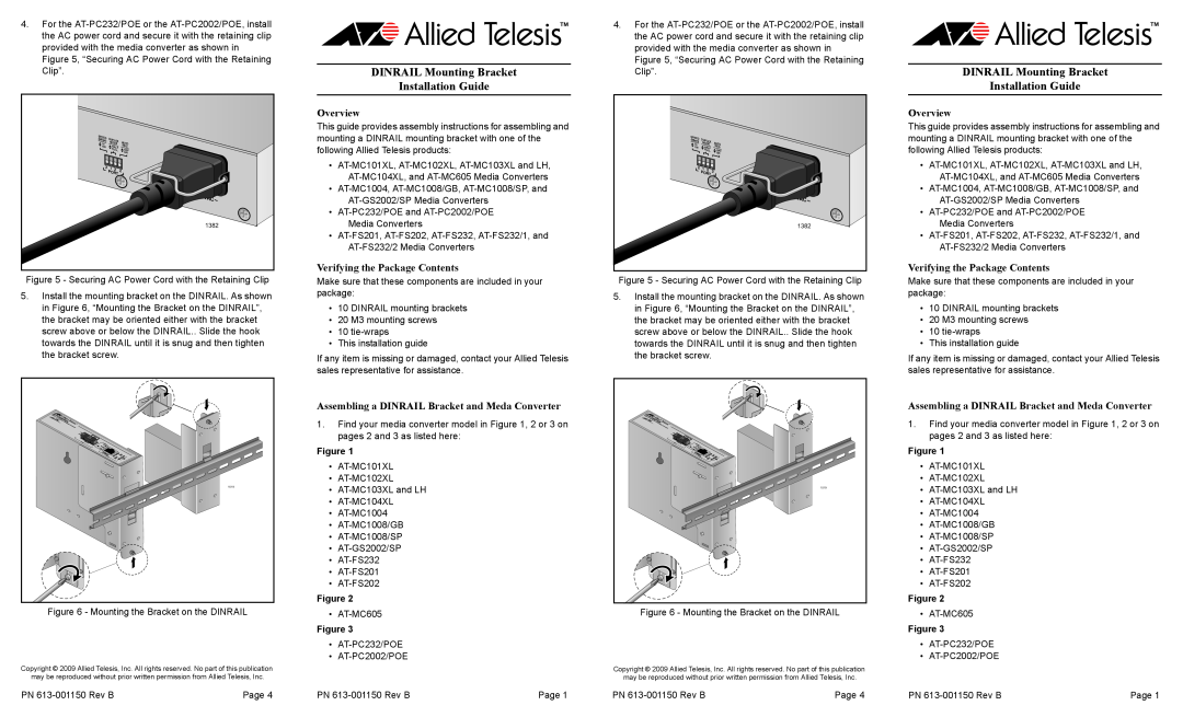 Allied Telesis AT-MC101XL manual DINRAIL Mounting Bracket Installation Guide, Overview, Verifying the Package Contents 