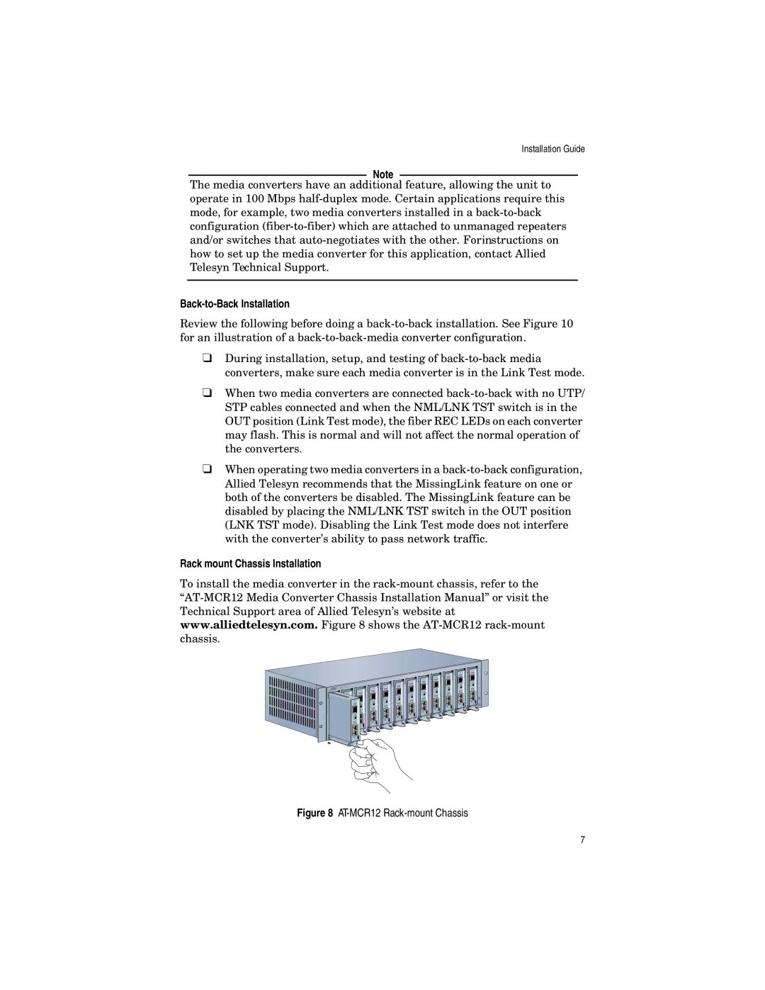 Allied Telesis AT-MC103XL, AT-MC102XL, AT-MC101XL, AT-MC103LH Back-to-Back Installation, Rack mount Chassis Installation 