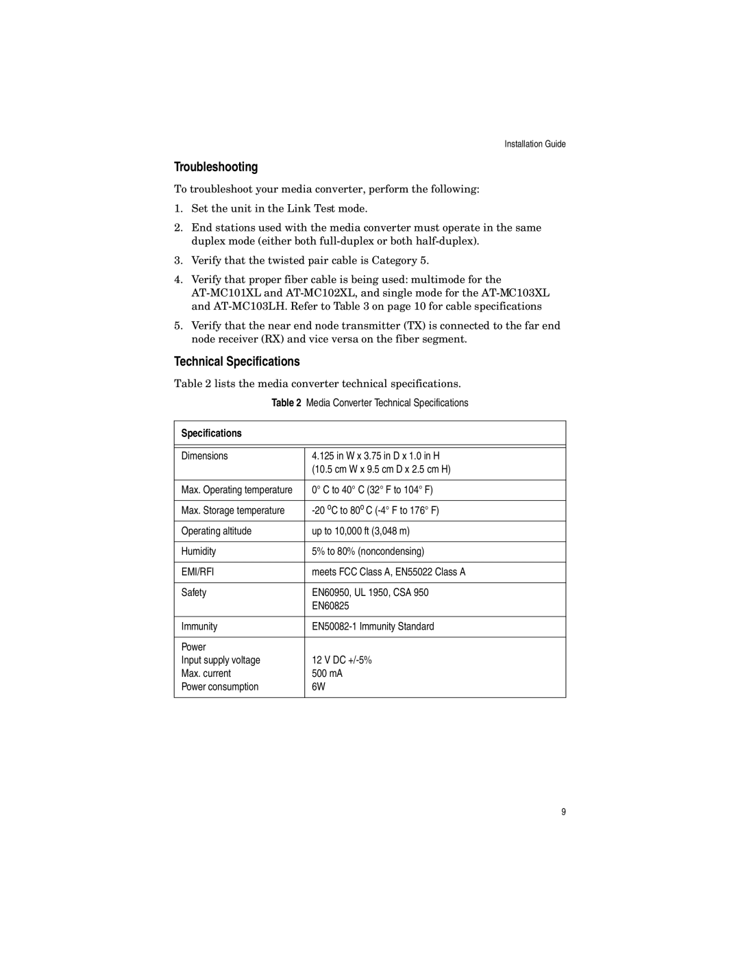 Allied Telesis AT-MC101XL, AT-MC102XL, AT-MC103LH, AT-MC103XL manual Troubleshooting, Technical Specifications 