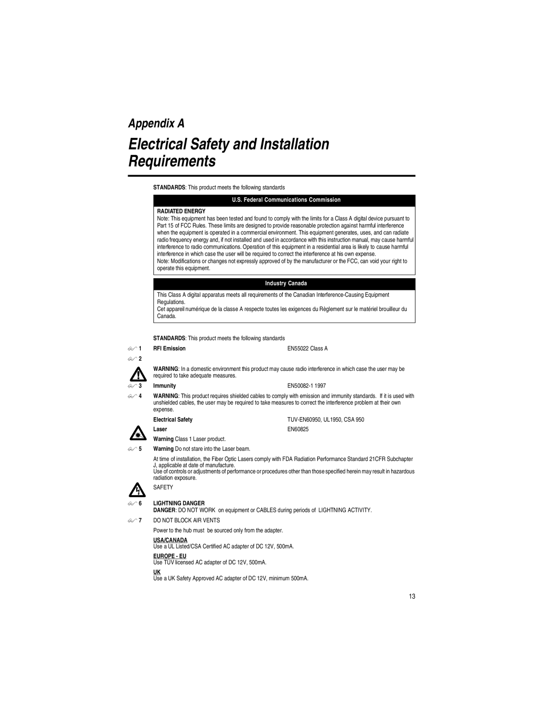 Allied Telesis AT-MC101XL, AT-MC102XL, AT-MC103LH, AT-MC103XL manual Laser EN60825, Lightning Danger, Usa/Canada, Europe EU 