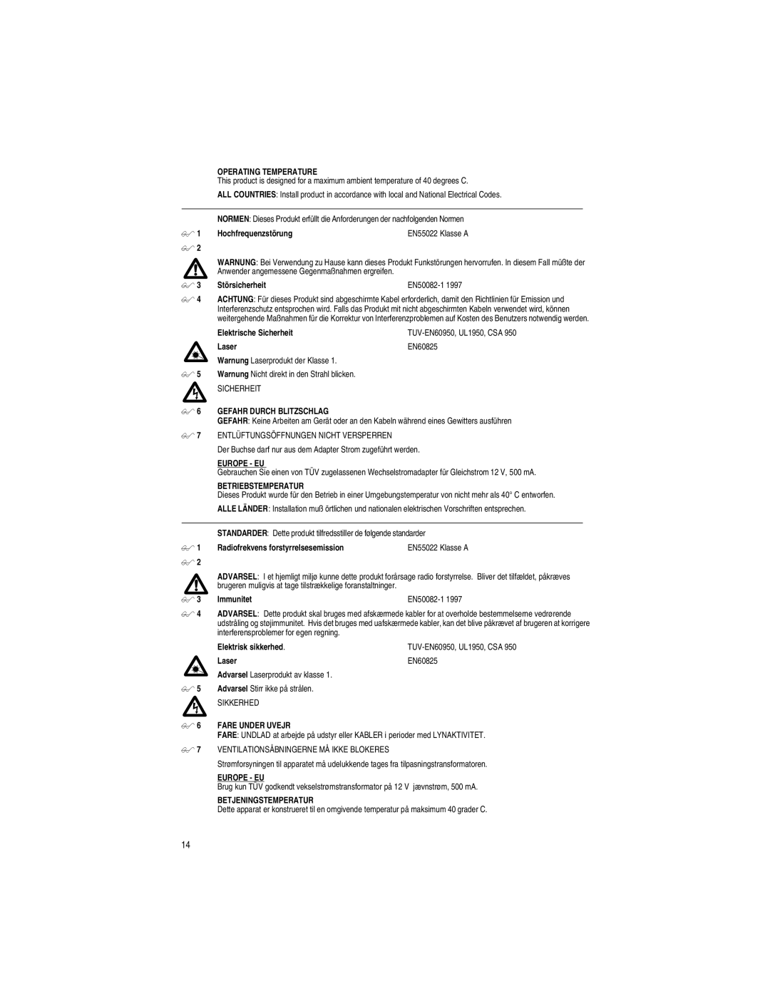 Allied Telesis AT-MC103LH manual Operating Temperature, Gefahr Durch Blitzschlag, Betriebstemperatur, Fare Under Uvejr 