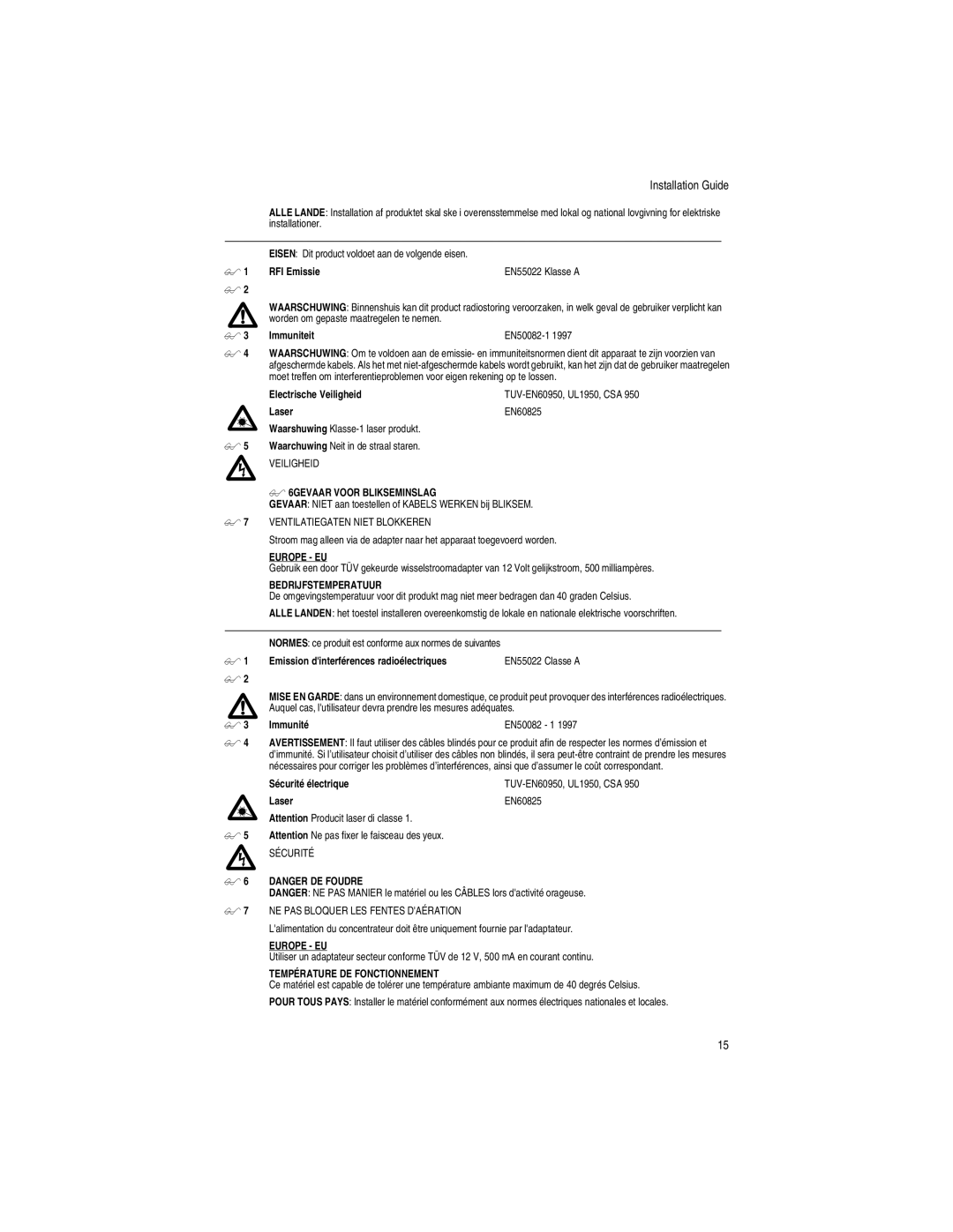 Allied Telesis AT-MC103XL manual Veiligheid 6GEVAAR Voor Blikseminslag, Bedrijfstemperatuur, Température DE Fonctionnement 