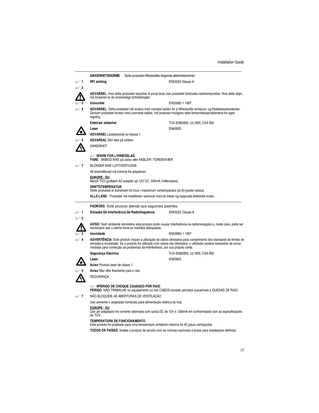 Allied Telesis AT-MC101XL, AT-MC102XL manual 6FARE for Lynnedslag, Driftstemperatur, 6PERIGO DE Choque Causado POR Raio 