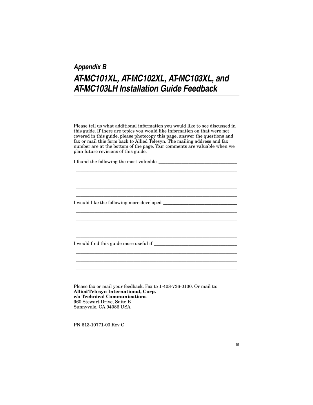 Allied Telesis AT-MC103XL, AT-MC102XL, AT-MC101XL, AT-MC103LH manual Appendix B 