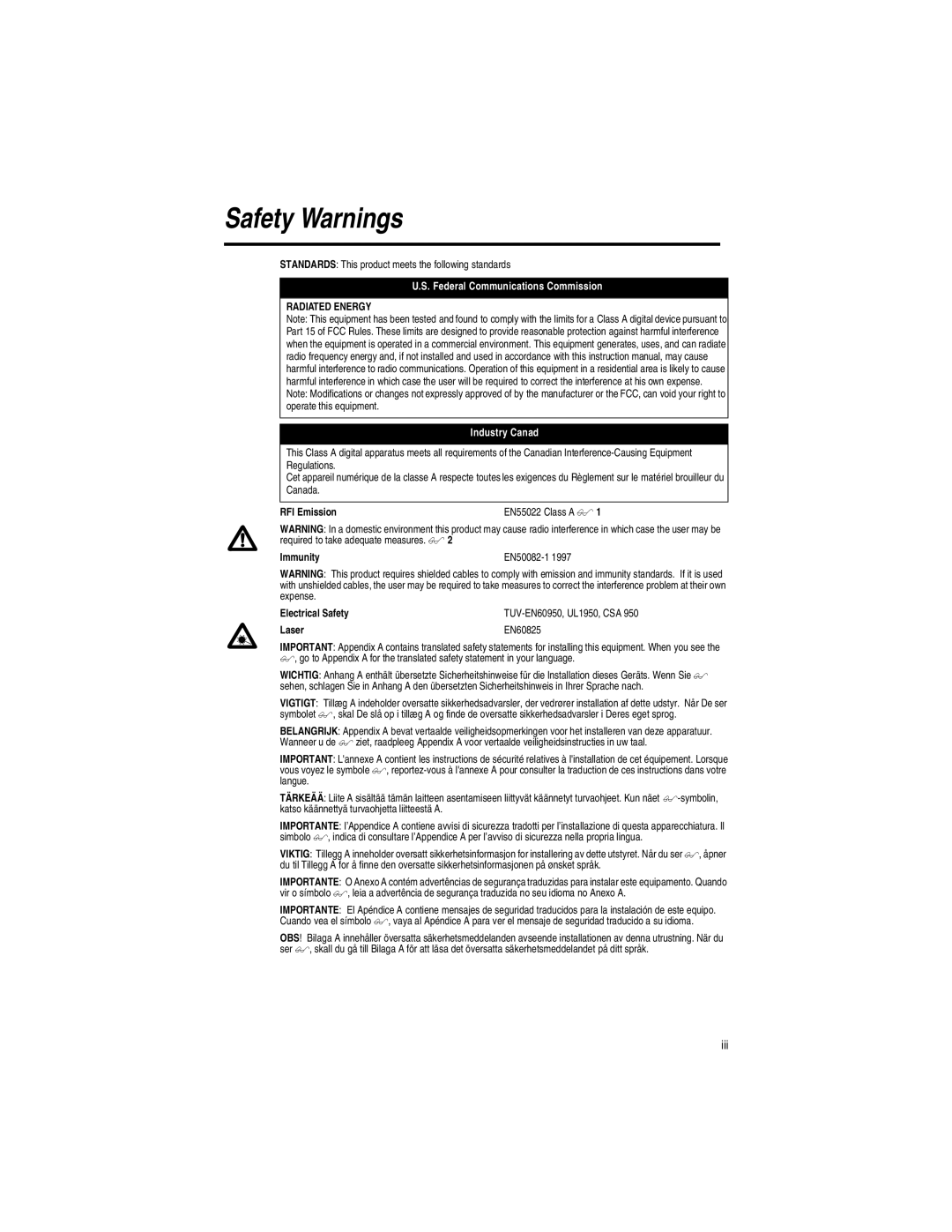 Allied Telesis AT-MC103XL, AT-MC102XL, AT-MC101XL manual Radiated Energy, RFI Emission, Immunity, Electrical Safety, Laser 