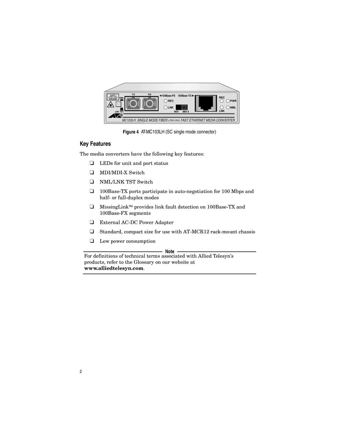 Allied Telesis AT-MC102XL, AT-MC101XL, AT-MC103XL manual Key Features, AT-MC103LH SC single mode connector 