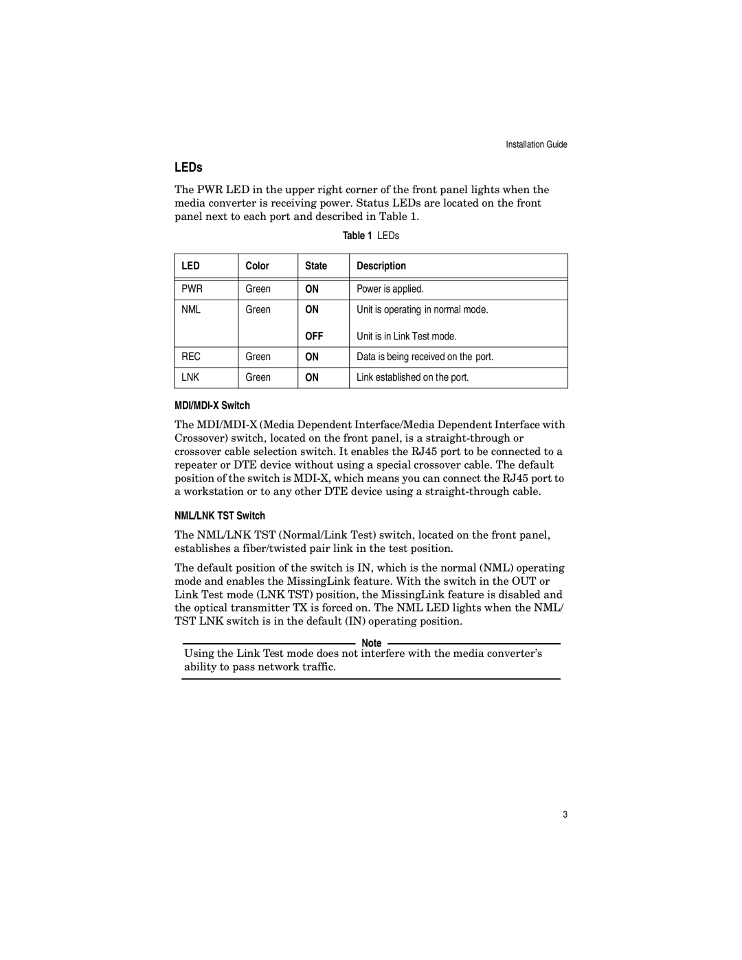 Allied Telesis AT-MC103XL, AT-MC102XL, AT-MC101XL manual LEDs, Color State Description, MDI/MDI-X Switch, NML/LNK TST Switch 