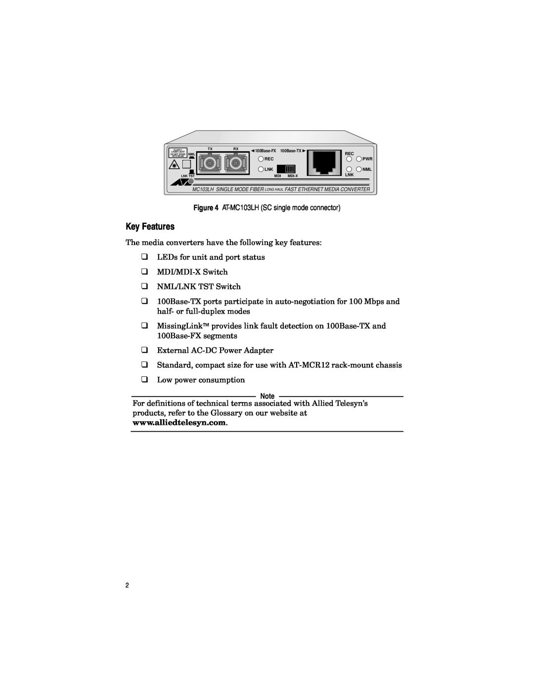 Allied Telesis AT-MC103LH, AT-MC102XL, AT-MC101XL, AT-MC103XL manual Key Features 
