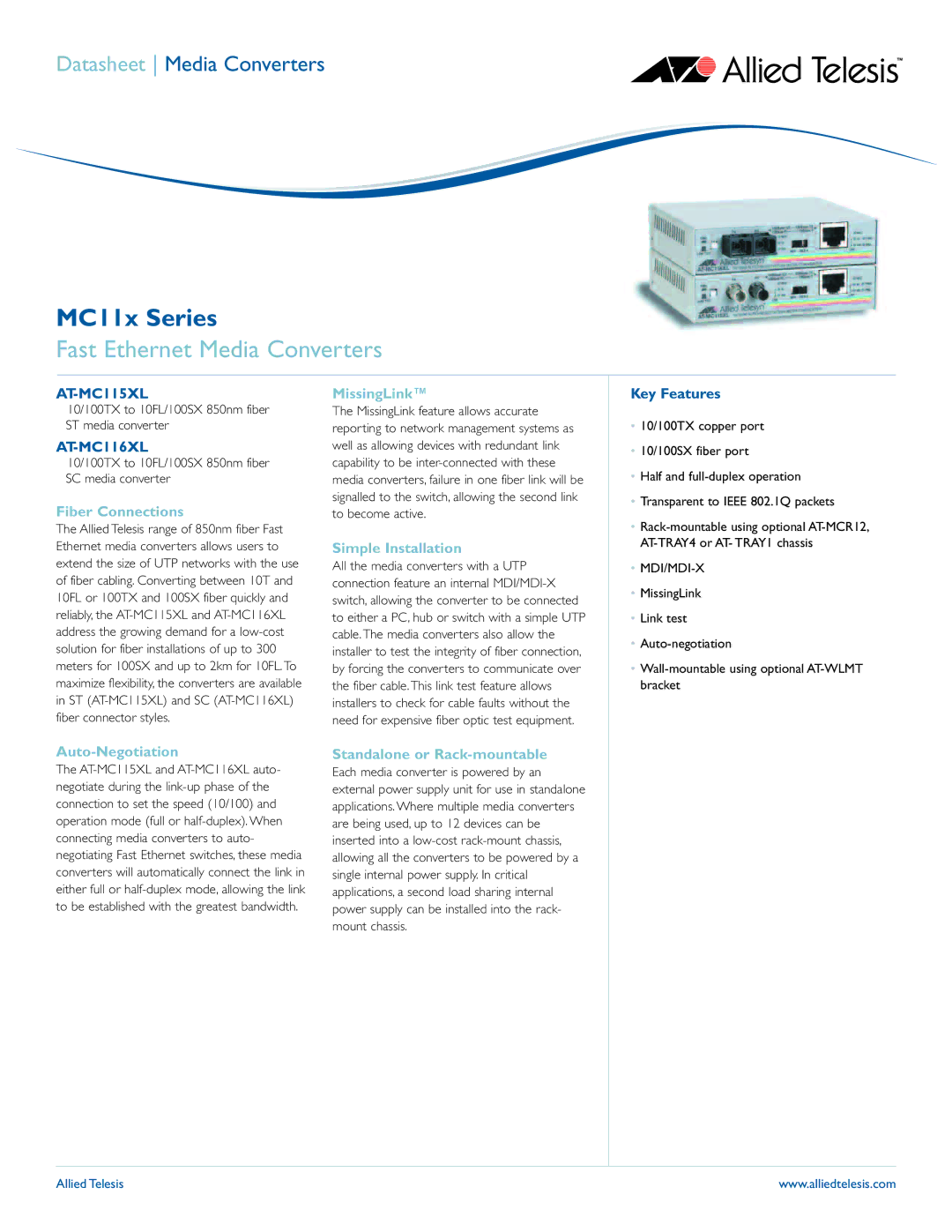 Allied Telesis AT-MC110 Series, AT-MC115XL manual Fast Ethernet Media Converters 