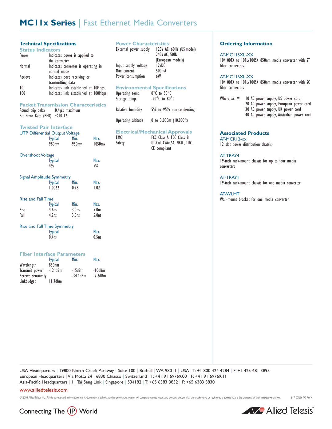 Allied Telesis AT-MC115XL, AT-MC110 Series manual MC11x Series Fast Ethernet Media Converters 