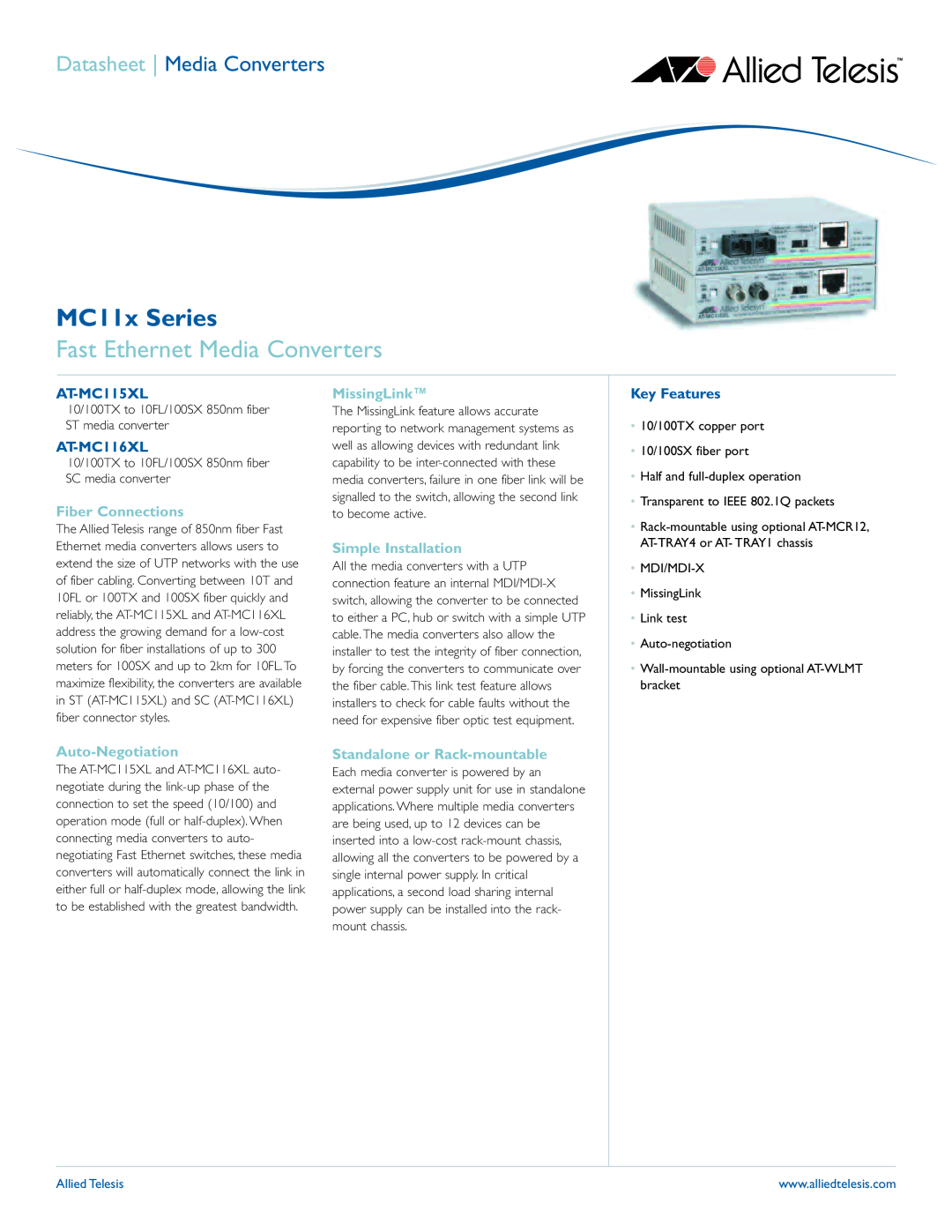 Allied Telesis AT-MC110 Series manual Fast Ethernet Media Converters, AT-MC115XL, AT-MC116XL, Fiber Connections 