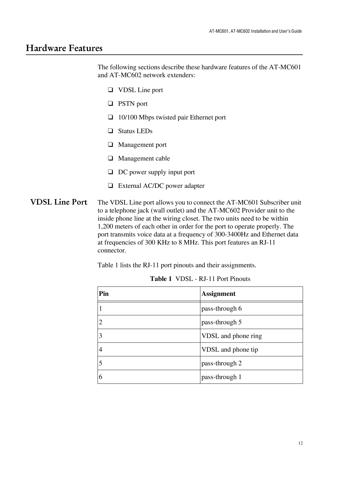 Allied Telesis AT-MC601 manual Hardware Features, Pin Assignment 