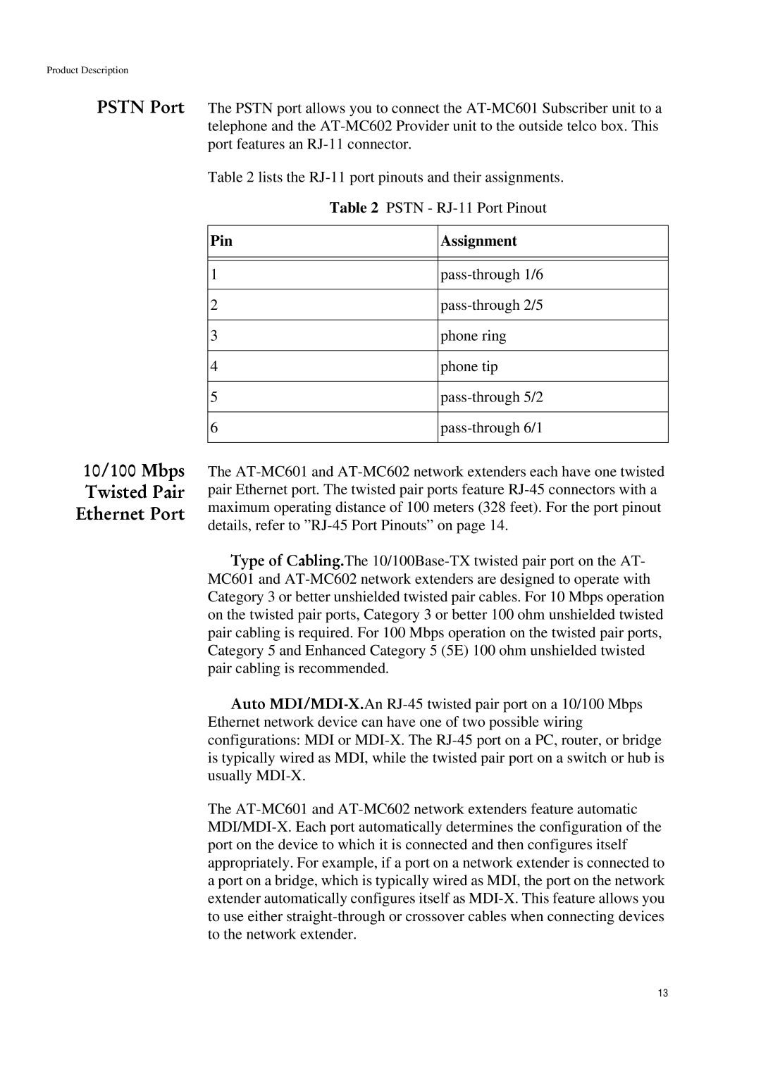 Allied Telesis AT-MC601 manual Pstn Port 10/100 Mbps Twisted Pair Ethernet Port 