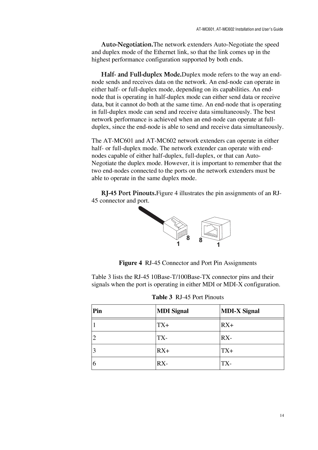 Allied Telesis AT-MC601 manual Pin MDI Signal MDI-X Signal, Tx+ Rx+ 