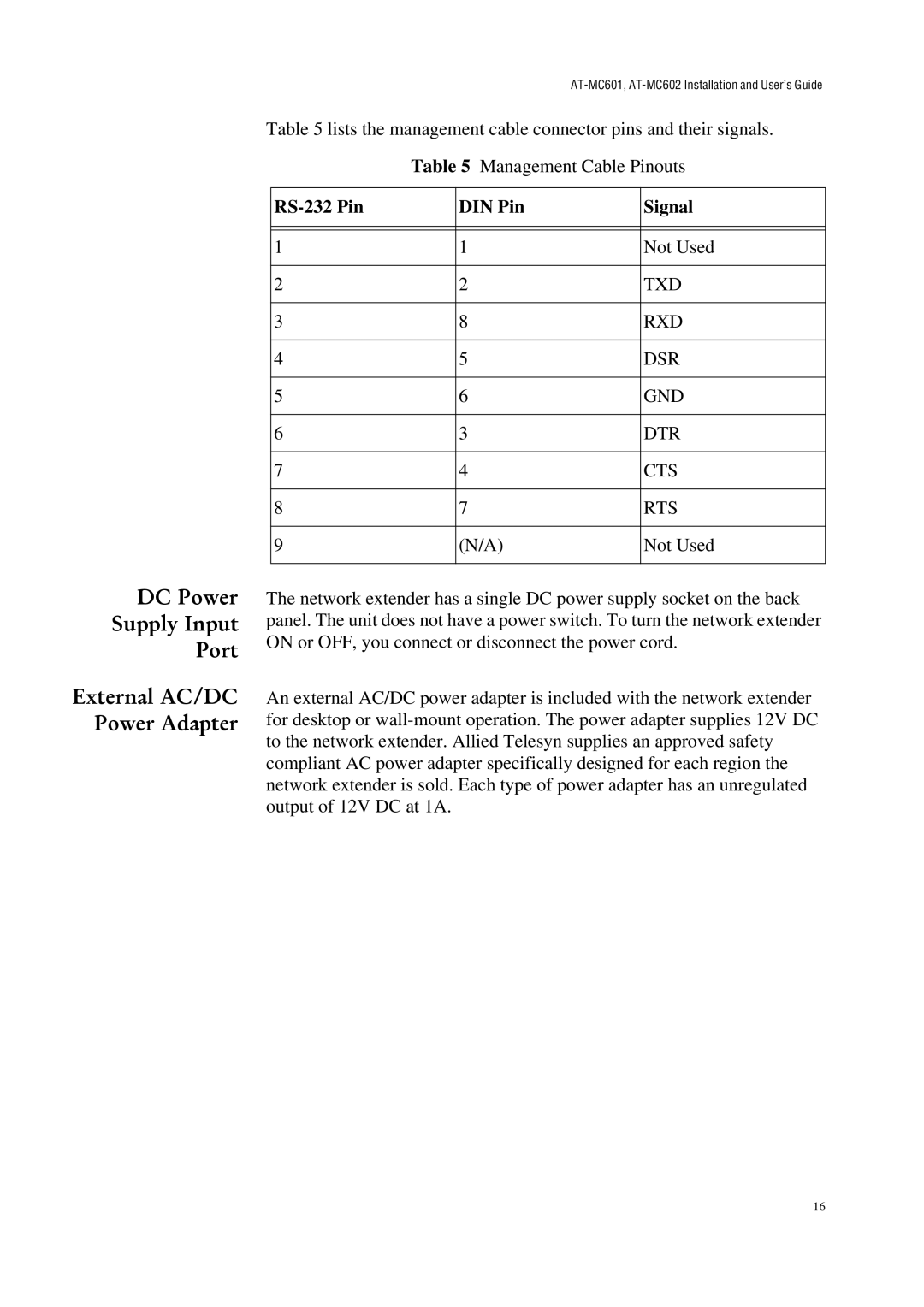 Allied Telesis AT-MC601 manual DC Power Supply Input Port External AC/DC Power Adapter, RS-232 Pin DIN Pin Signal 