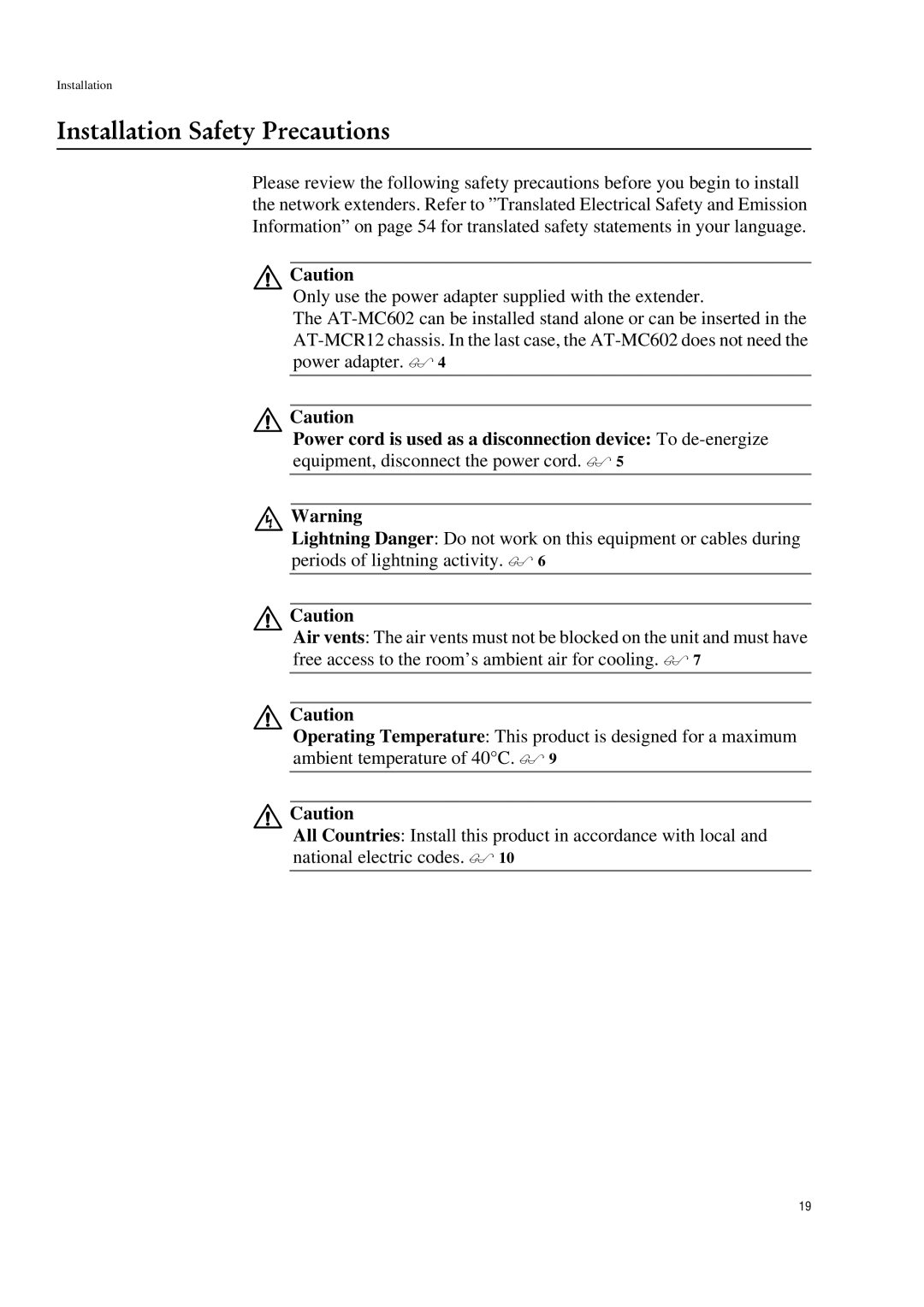 Allied Telesis AT-MC601 manual Installation Safety Precautions 