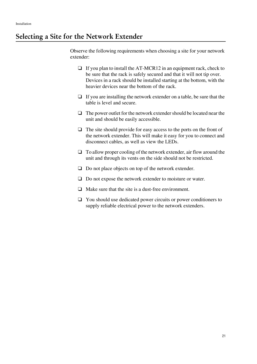 Allied Telesis AT-MC601 manual Selecting a Site for the Network Extender 